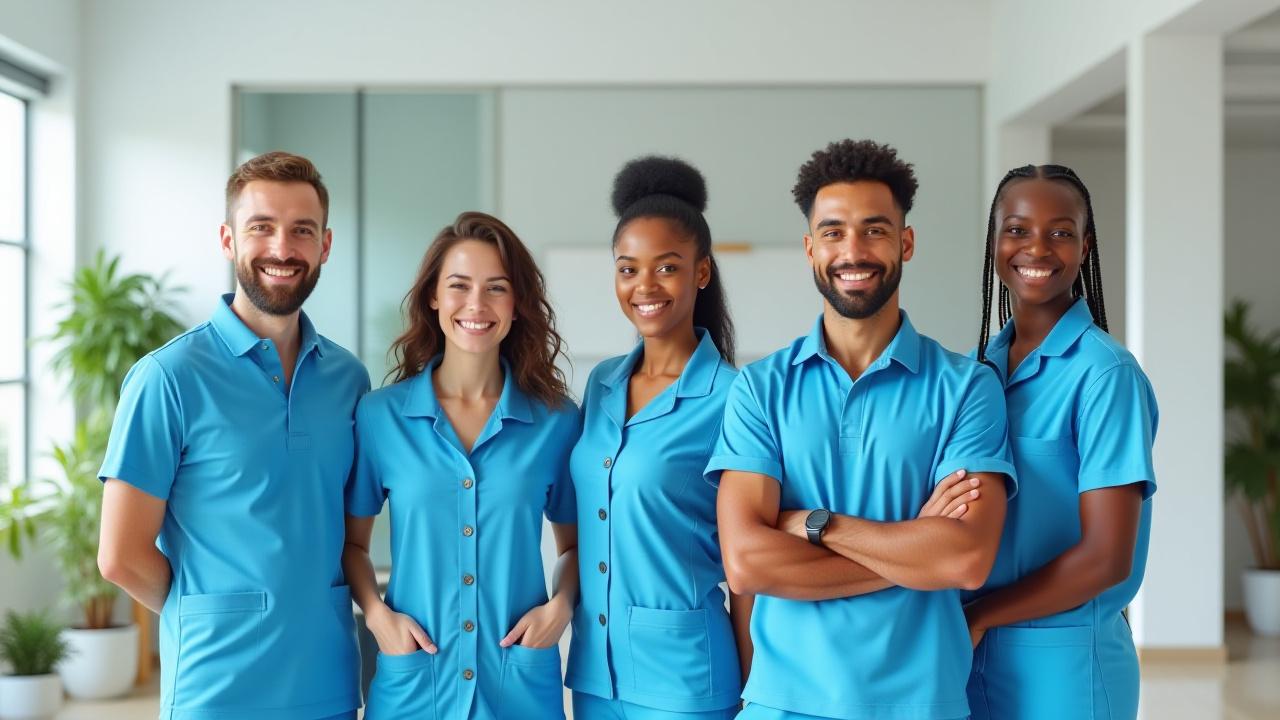 A diverse team of professional Crystal Clear Cleaning Services staff in clean, smart uniforms, smiling and standing confidently in a brightly lit, modern office space, showcasing professionalism and precision.