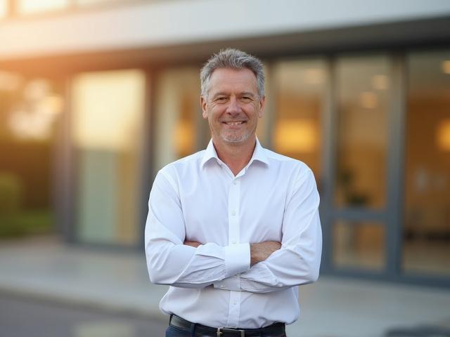 Portrait of Mark Harrison, founder of Crystal Clear Cleaning Services, standing proudly in front of a sparkling clean, modern office building in Rotherham.