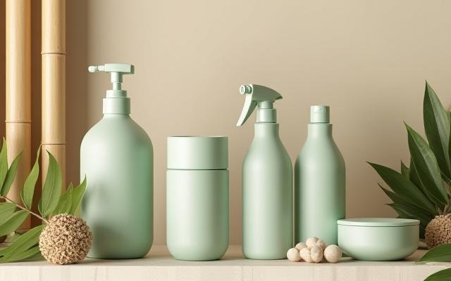 Assortment of eco-friendly, plant-based cleaning product bottles