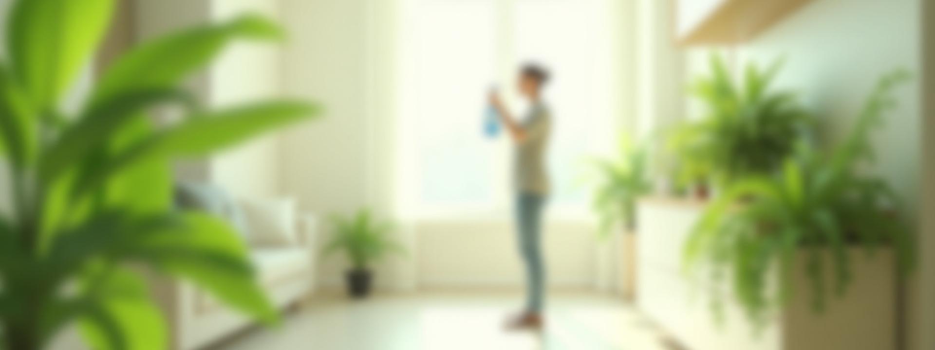 Bright, clean room with a person holding an eco-friendly spray bottle, surrounded by natural elements
