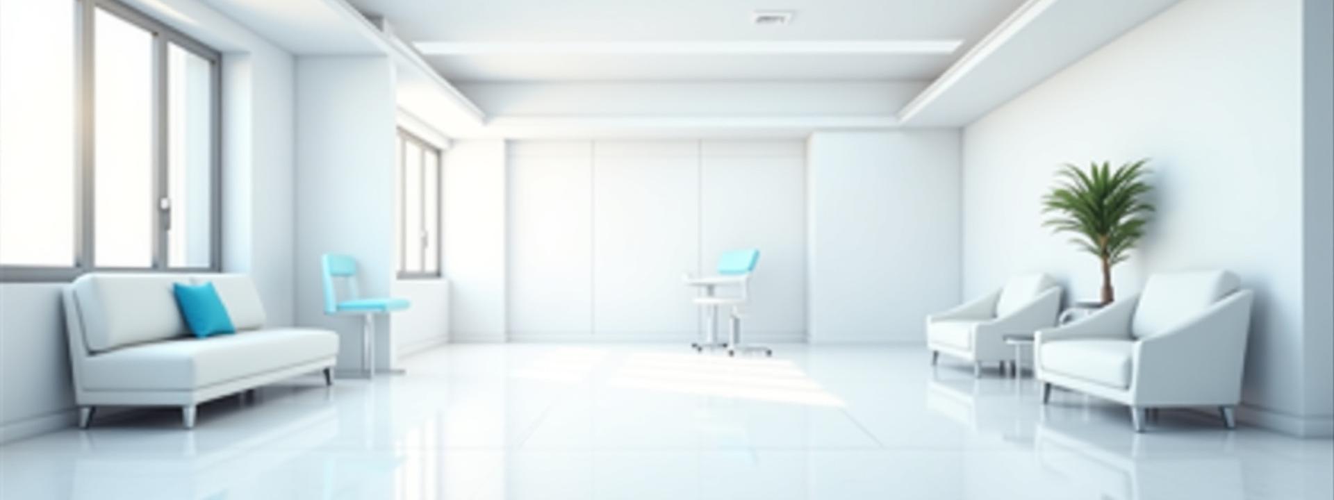 Pristine, empty modern clinic waiting room with natural light and minimalist white furniture, demonstrating CQC compliance for patient safety