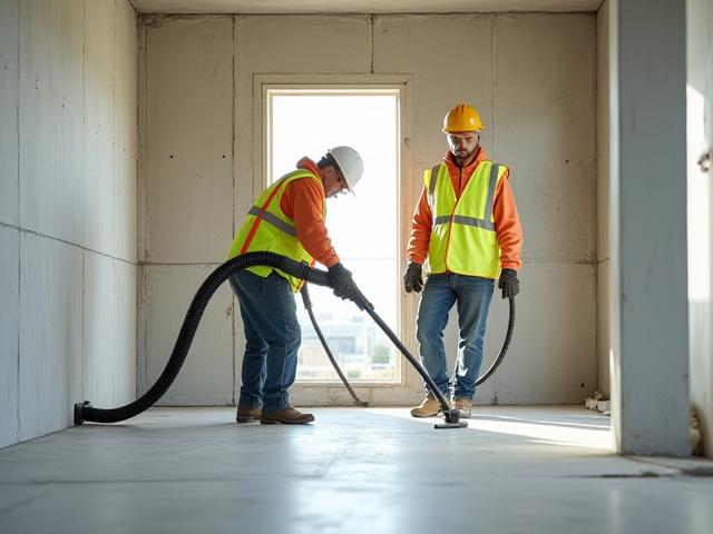 Team members in bright PPE cleaning a construction site, emphasizing safety protocols.
