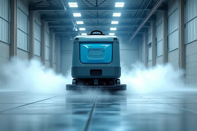 Ride-on industrial floor scrubber in action