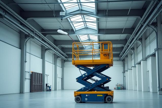 Scissor lift reaching high beams for dusting
